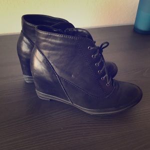 Black lace up leather wedges. 3 1/2 in heel